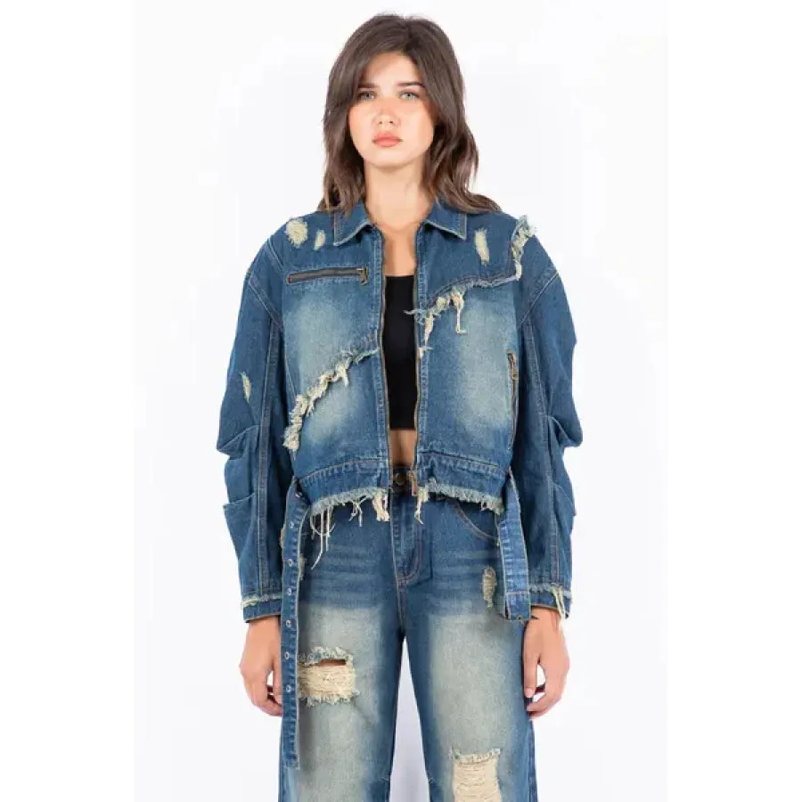 American Bazi Distressed Frayed Edge Zip Up Denim Jacket