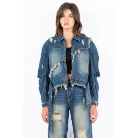 American Bazi Distressed Frayed Edge Zip Up Denim Jacket