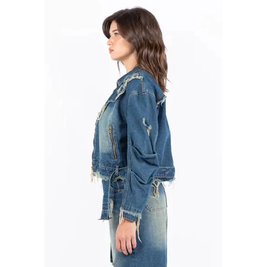 American Bazi Distressed Frayed Edge Zip Up Denim Jacket