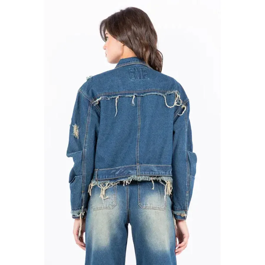 American Bazi Distressed Frayed Edge Zip Up Denim Jacket