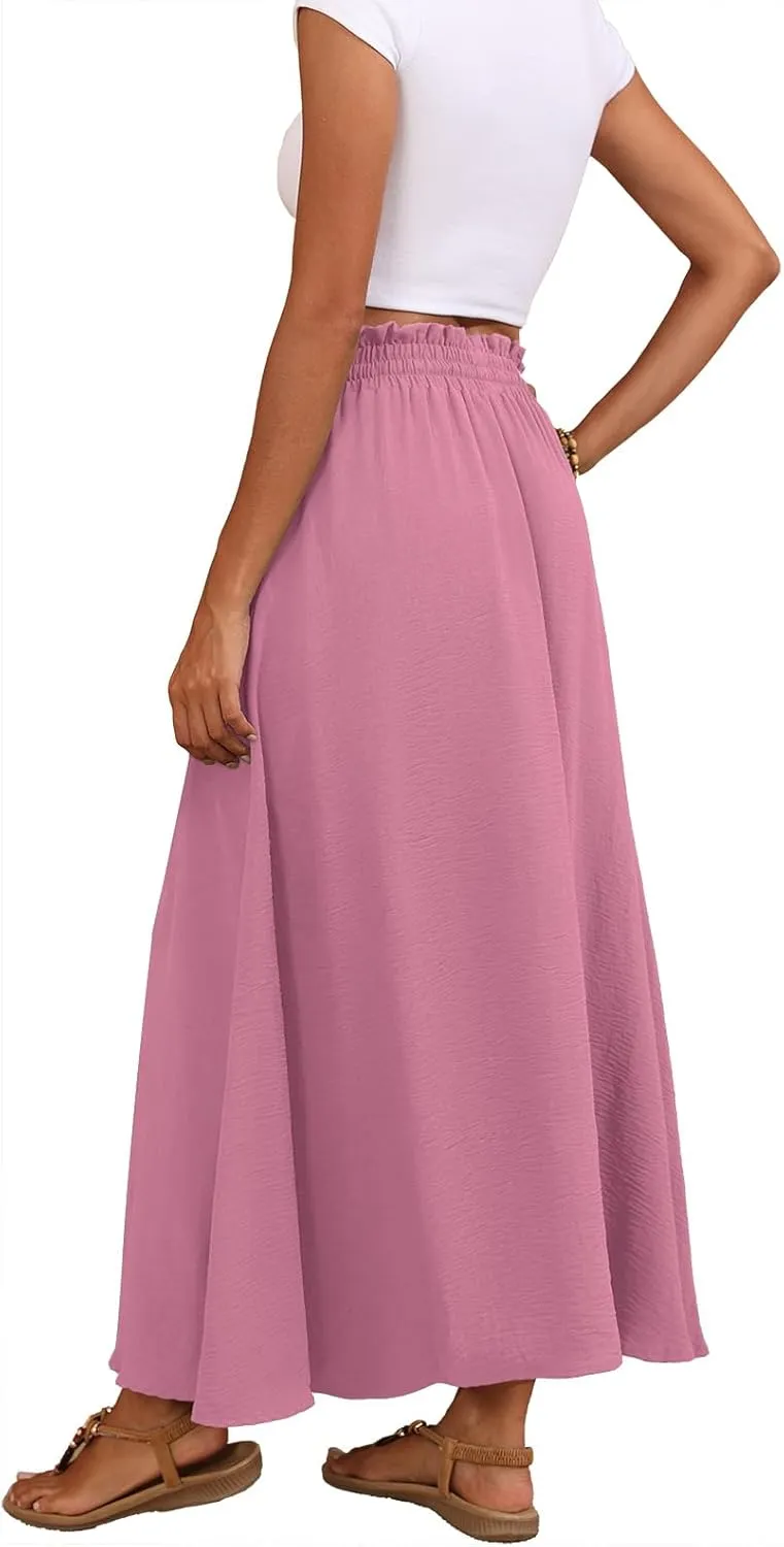 Askyes Womens Maxi Skirt Summer Tie Knot Elastic High Waisted Boho Casual Beach Flowy Swing Long Skirts with Pockets