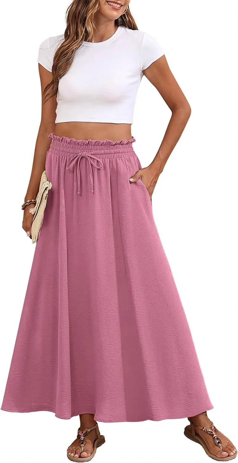 Askyes Womens Maxi Skirt Summer Tie Knot Elastic High Waisted Boho Casual Beach Flowy Swing Long Skirts with Pockets
