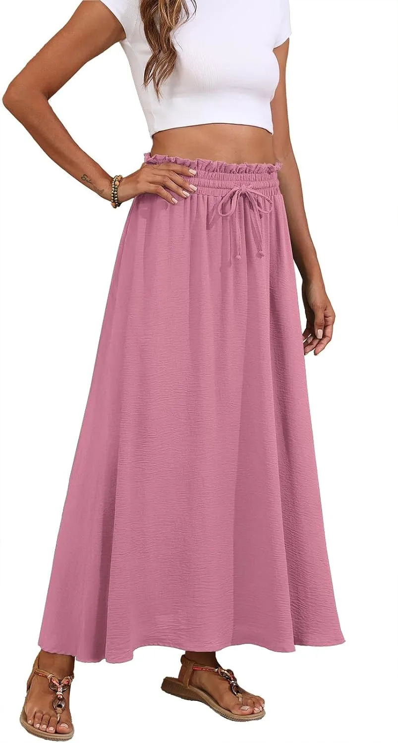 Askyes Womens Maxi Skirt Summer Tie Knot Elastic High Waisted Boho Casual Beach Flowy Swing Long Skirts with Pockets