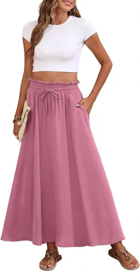 Askyes Womens Maxi Skirt Summer Tie Knot Elastic High Waisted Boho Casual Beach Flowy Swing Long Skirts with Pockets