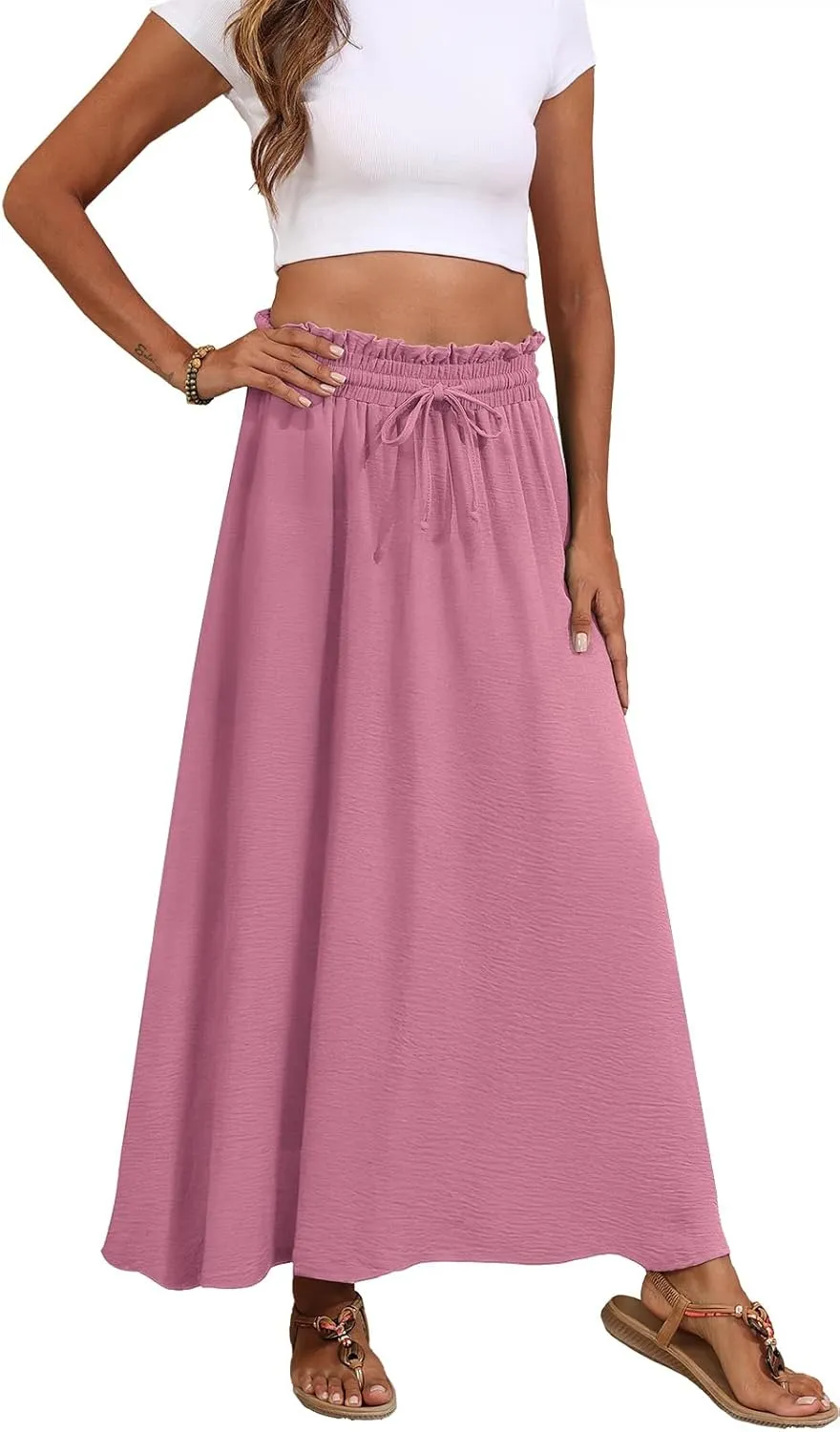 Askyes Womens Maxi Skirt Summer Tie Knot Elastic High Waisted Boho Casual Beach Flowy Swing Long Skirts with Pockets