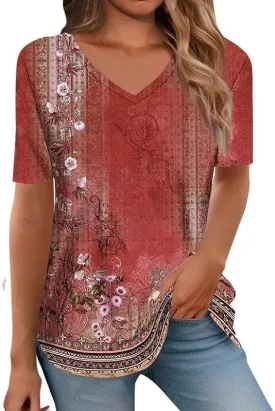 Boho Short Sleeve Tops for Women V Neck 2025 Summer Fashion Graphic Tees Vintage Floral Blouse Shirt