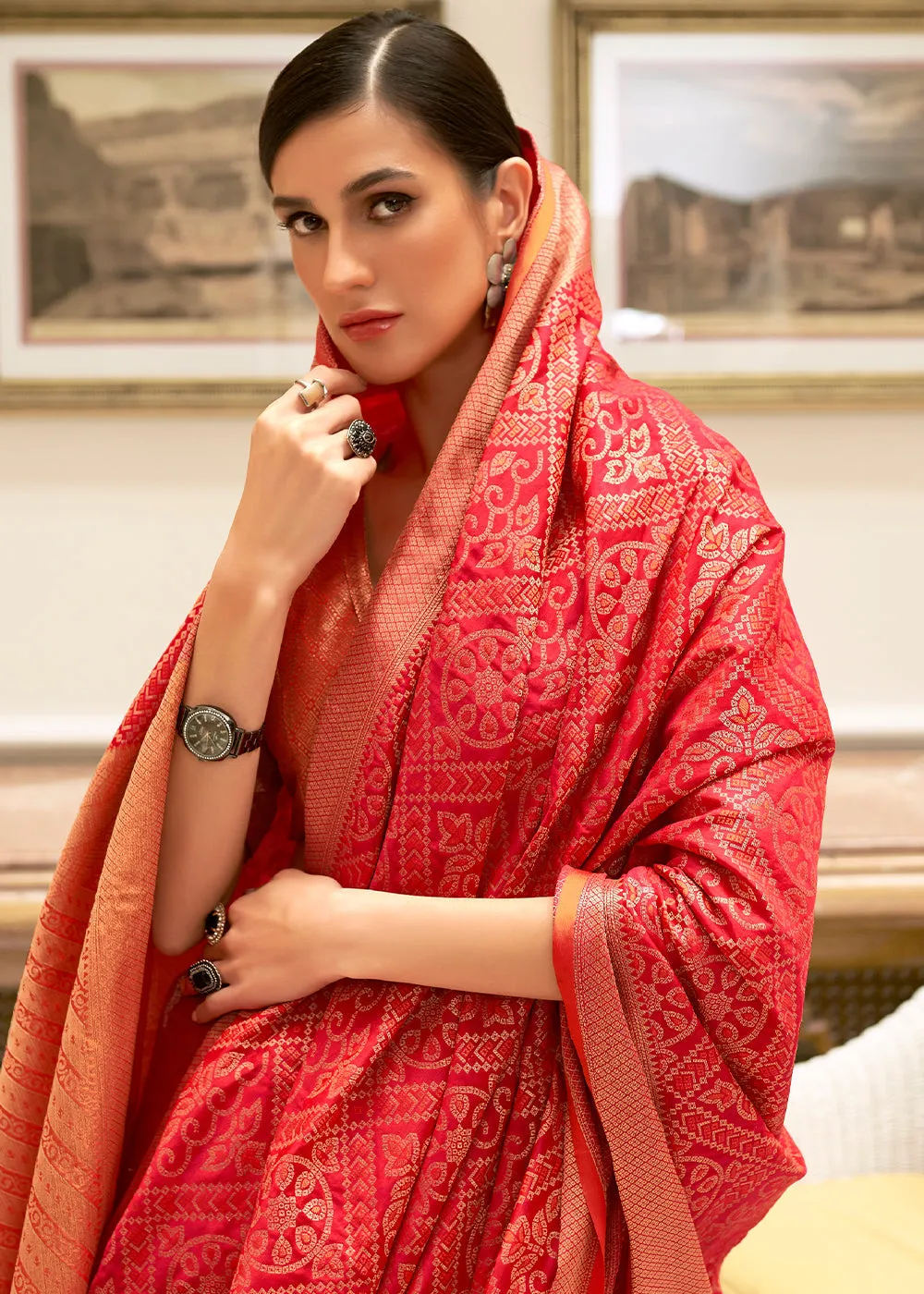 Candy Red Zari Woven Patola Silk Saree