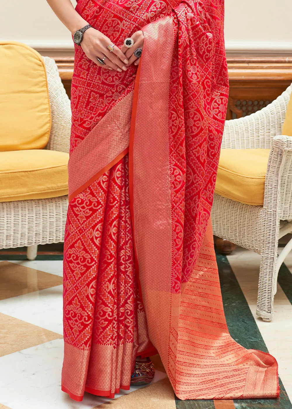 Candy Red Zari Woven Patola Silk Saree