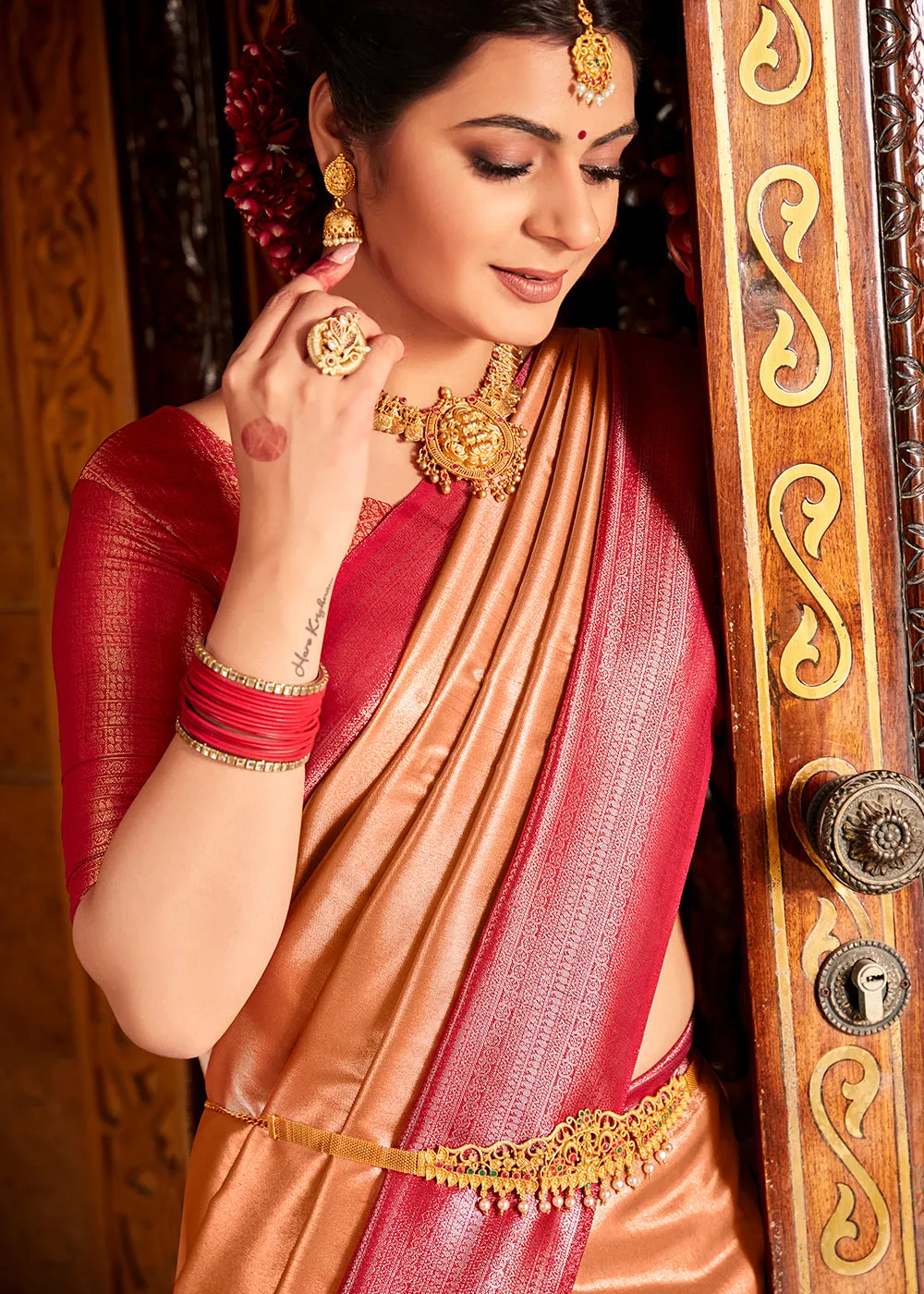 Cantaloupe Orange Zari Woven Kanjivaram Silk Saree with Contrast Border & Pallu