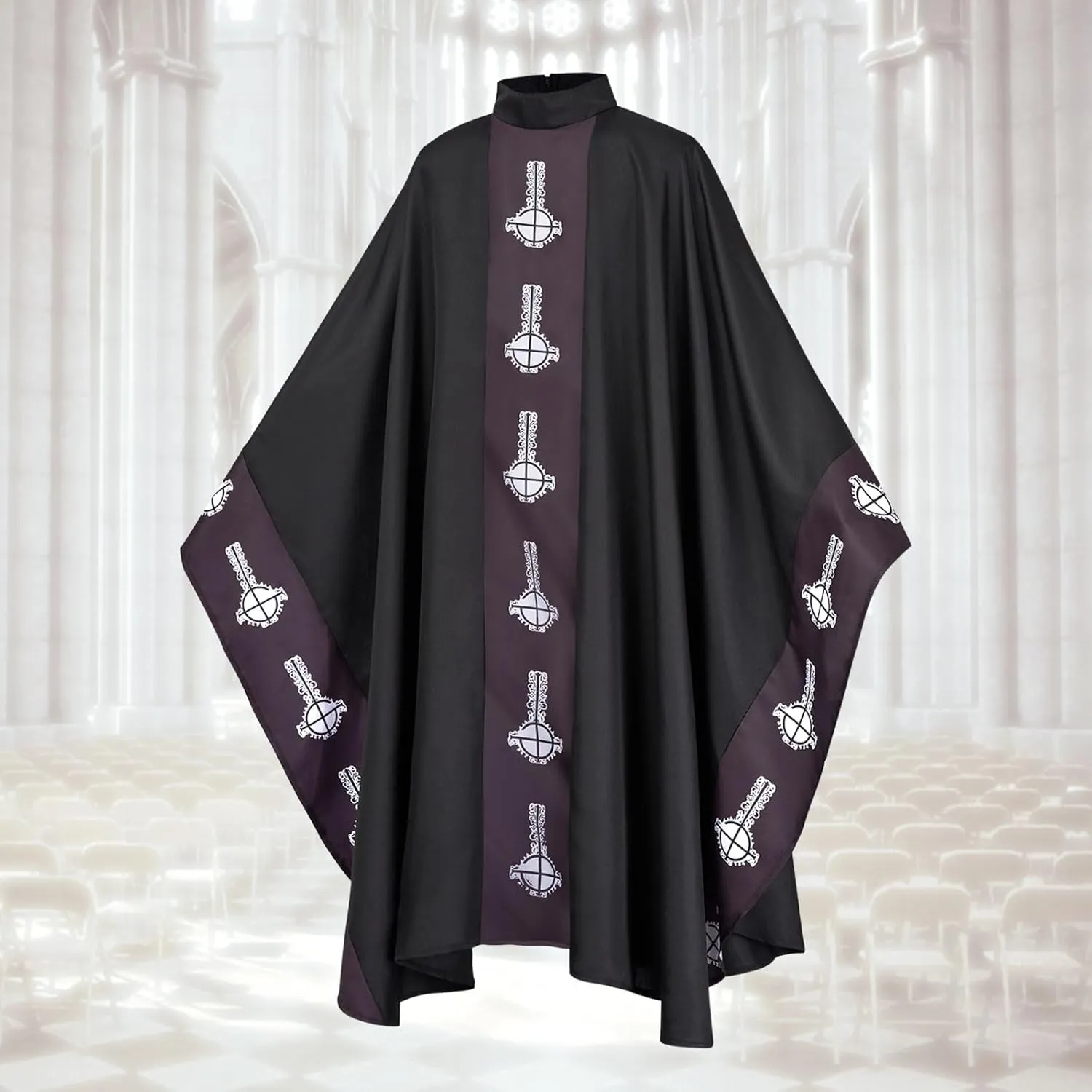 Catholic Priest Chasuble Vestments with Cap-Liturgical Mass Robe Round Collar for Church Services, Halloween Clergy