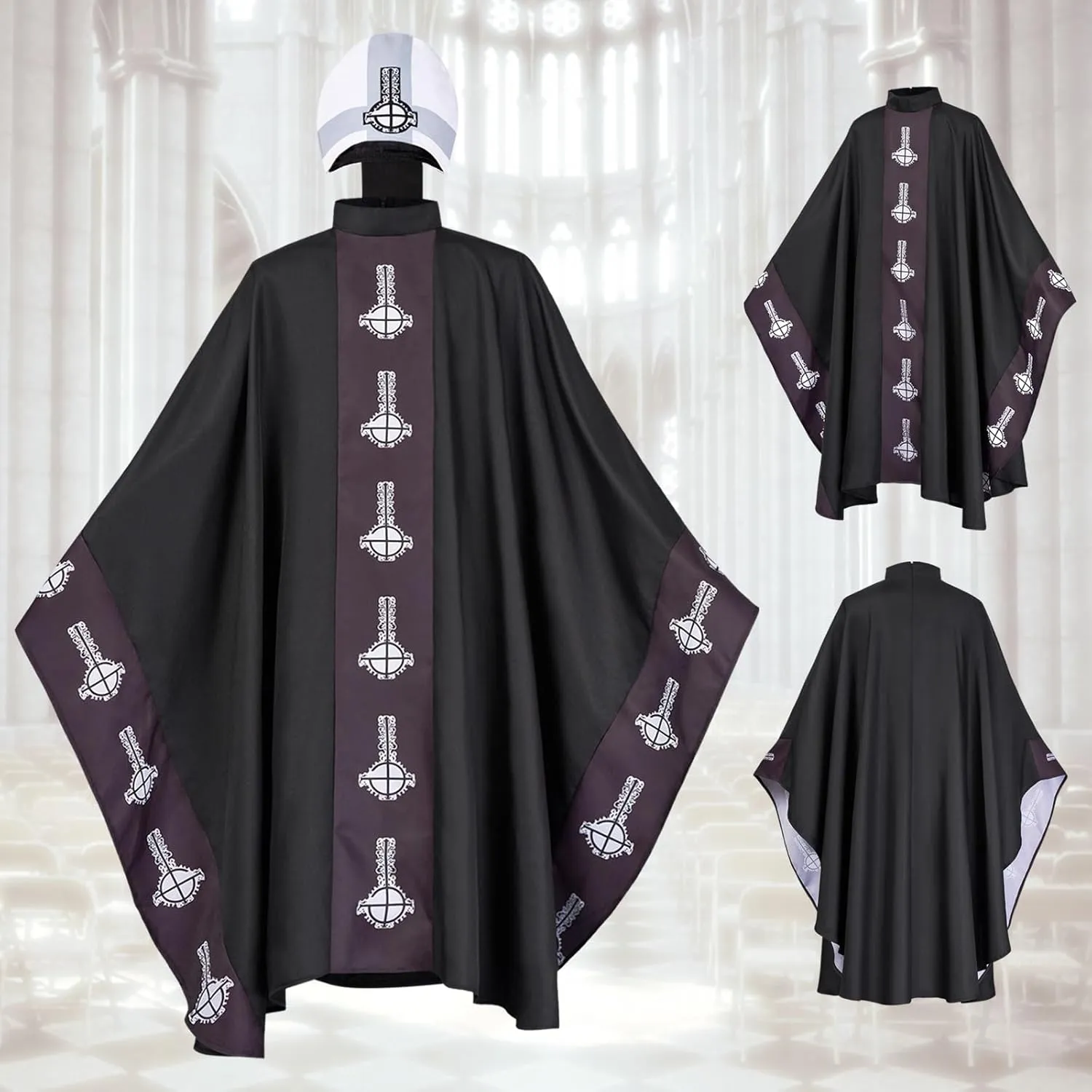 Catholic Priest Chasuble Vestments with Cap-Liturgical Mass Robe Round Collar for Church Services, Halloween Clergy