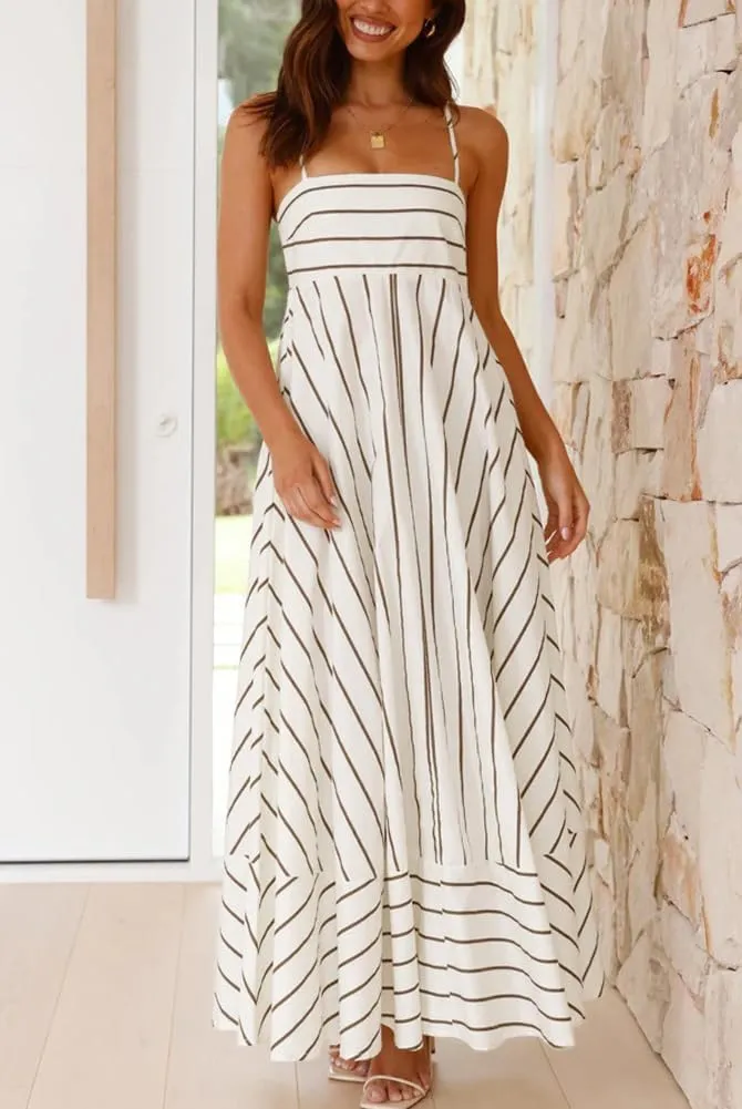 chouyatou Women's Summer Striped Spaghetti Strap Maxi Dress Boho Flowy Swing Back Smocked Beach Sundress