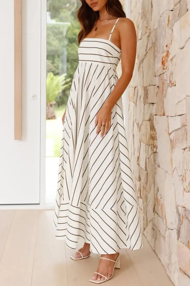 chouyatou Women's Summer Striped Spaghetti Strap Maxi Dress Boho Flowy Swing Back Smocked Beach Sundress