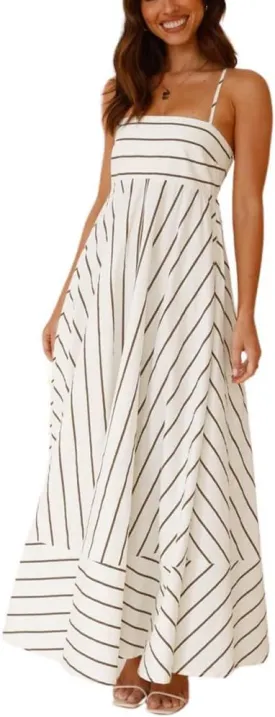 chouyatou Women's Summer Striped Spaghetti Strap Maxi Dress Boho Flowy Swing Back Smocked Beach Sundress