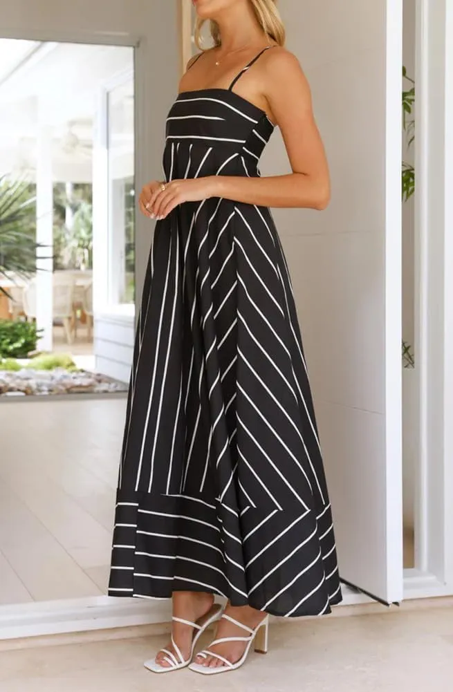 chouyatou Women's Summer Striped Spaghetti Strap Maxi Dress Boho Flowy Swing Back Smocked Beach Sundress