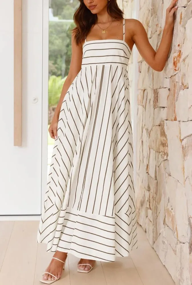 chouyatou Women's Summer Striped Spaghetti Strap Maxi Dress Boho Flowy Swing Back Smocked Beach Sundress