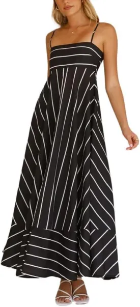chouyatou Women's Summer Striped Spaghetti Strap Maxi Dress Boho Flowy Swing Back Smocked Beach Sundress