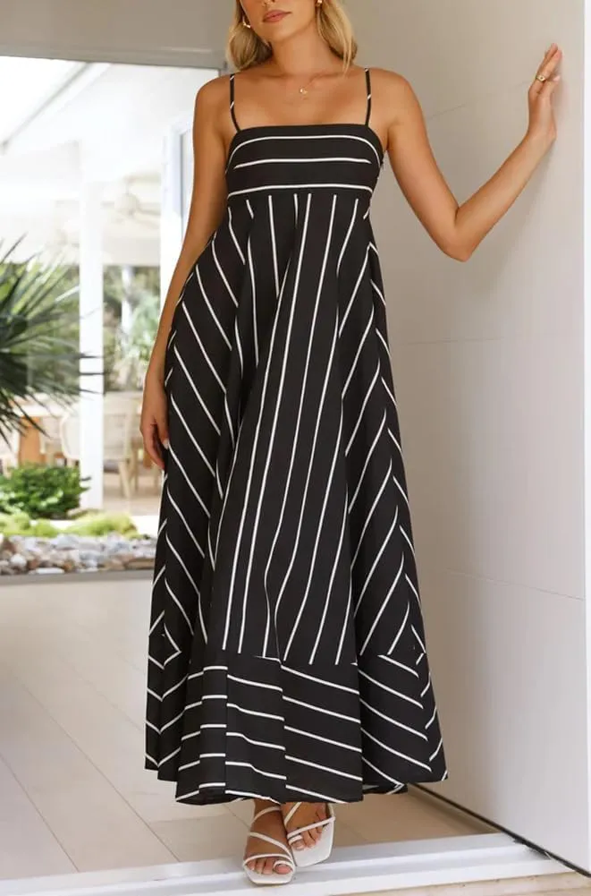 chouyatou Women's Summer Striped Spaghetti Strap Maxi Dress Boho Flowy Swing Back Smocked Beach Sundress
