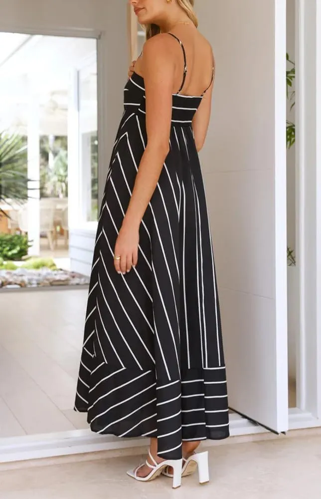 chouyatou Women's Summer Striped Spaghetti Strap Maxi Dress Boho Flowy Swing Back Smocked Beach Sundress