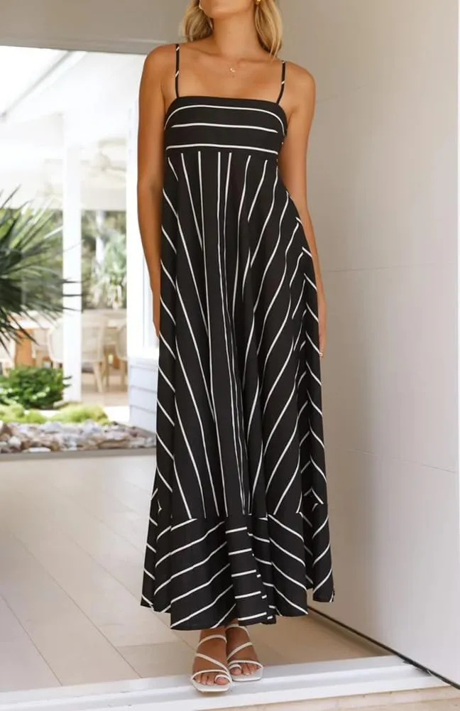 chouyatou Women's Summer Striped Spaghetti Strap Maxi Dress Boho Flowy Swing Back Smocked Beach Sundress