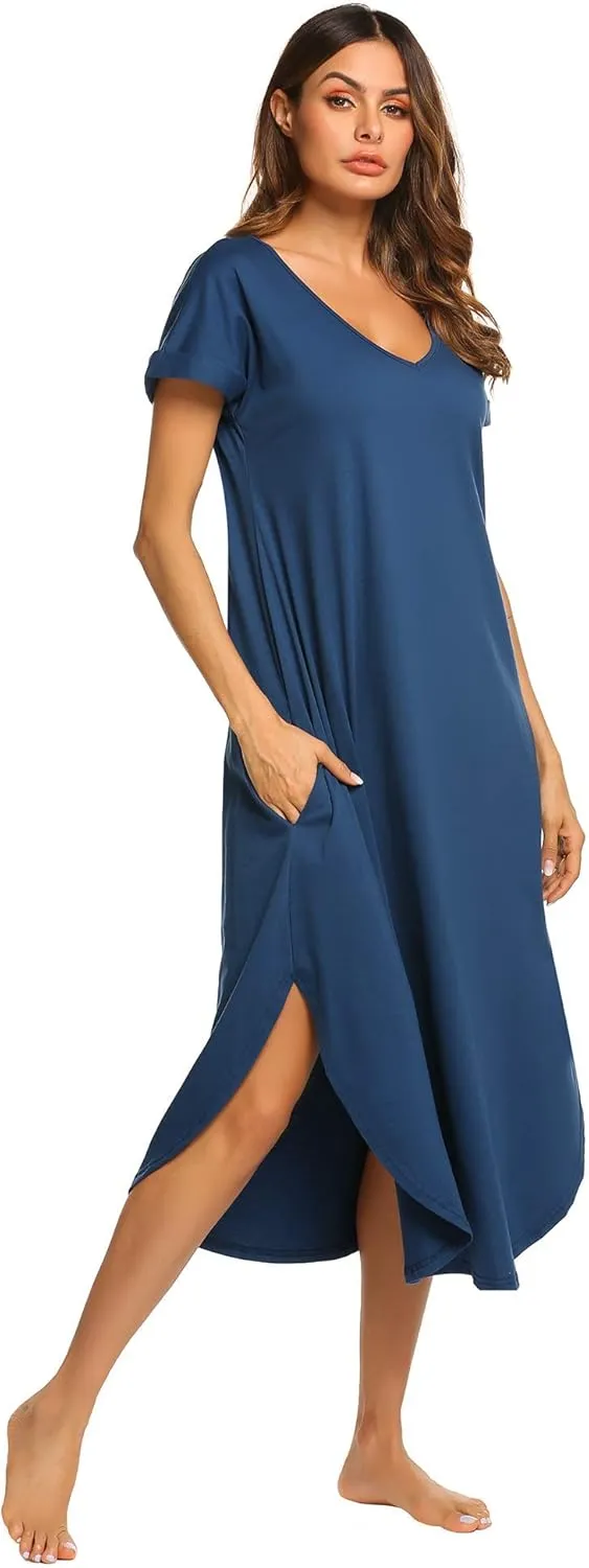 Ekouaer Nightgowns for Women V Neck Nightshirts Short Sleeve Soft Sleepwear Side Split Pockets Long Nightdress