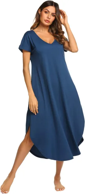 Ekouaer Nightgowns for Women V Neck Nightshirts Short Sleeve Soft Sleepwear Side Split Pockets Long Nightdress