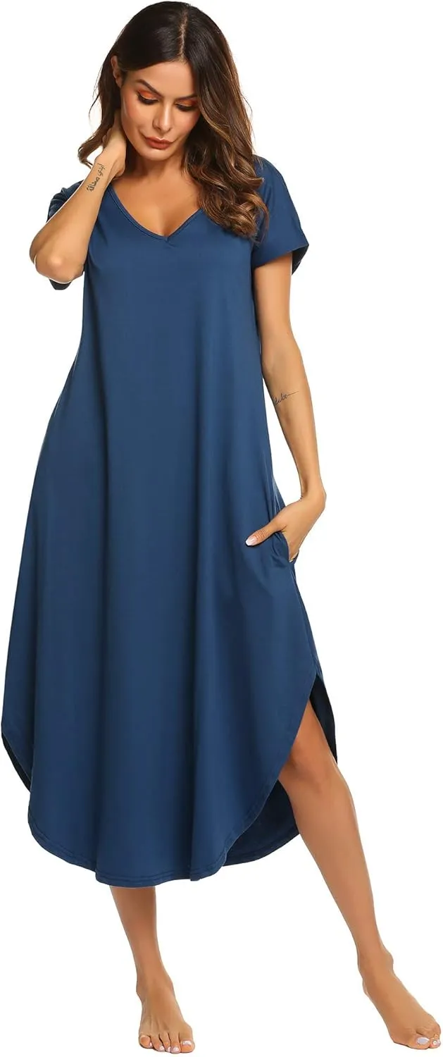 Ekouaer Nightgowns for Women V Neck Nightshirts Short Sleeve Soft Sleepwear Side Split Pockets Long Nightdress