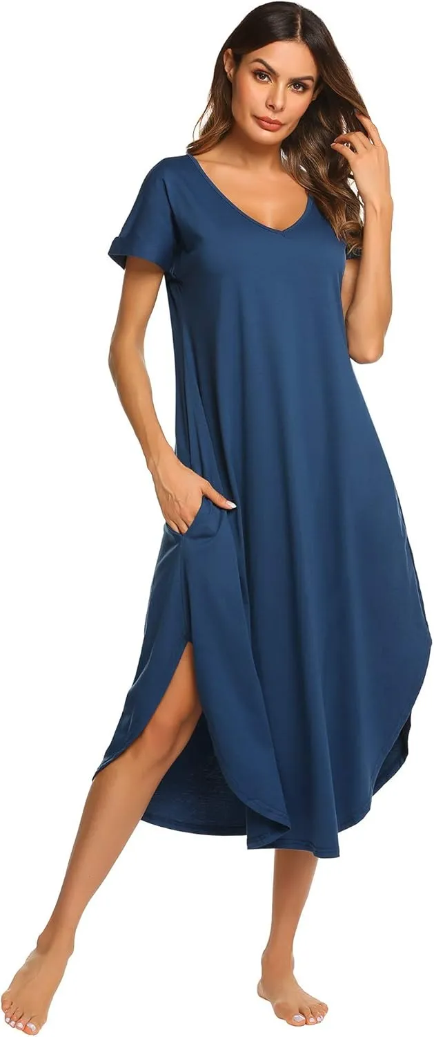 Ekouaer Nightgowns for Women V Neck Nightshirts Short Sleeve Soft Sleepwear Side Split Pockets Long Nightdress