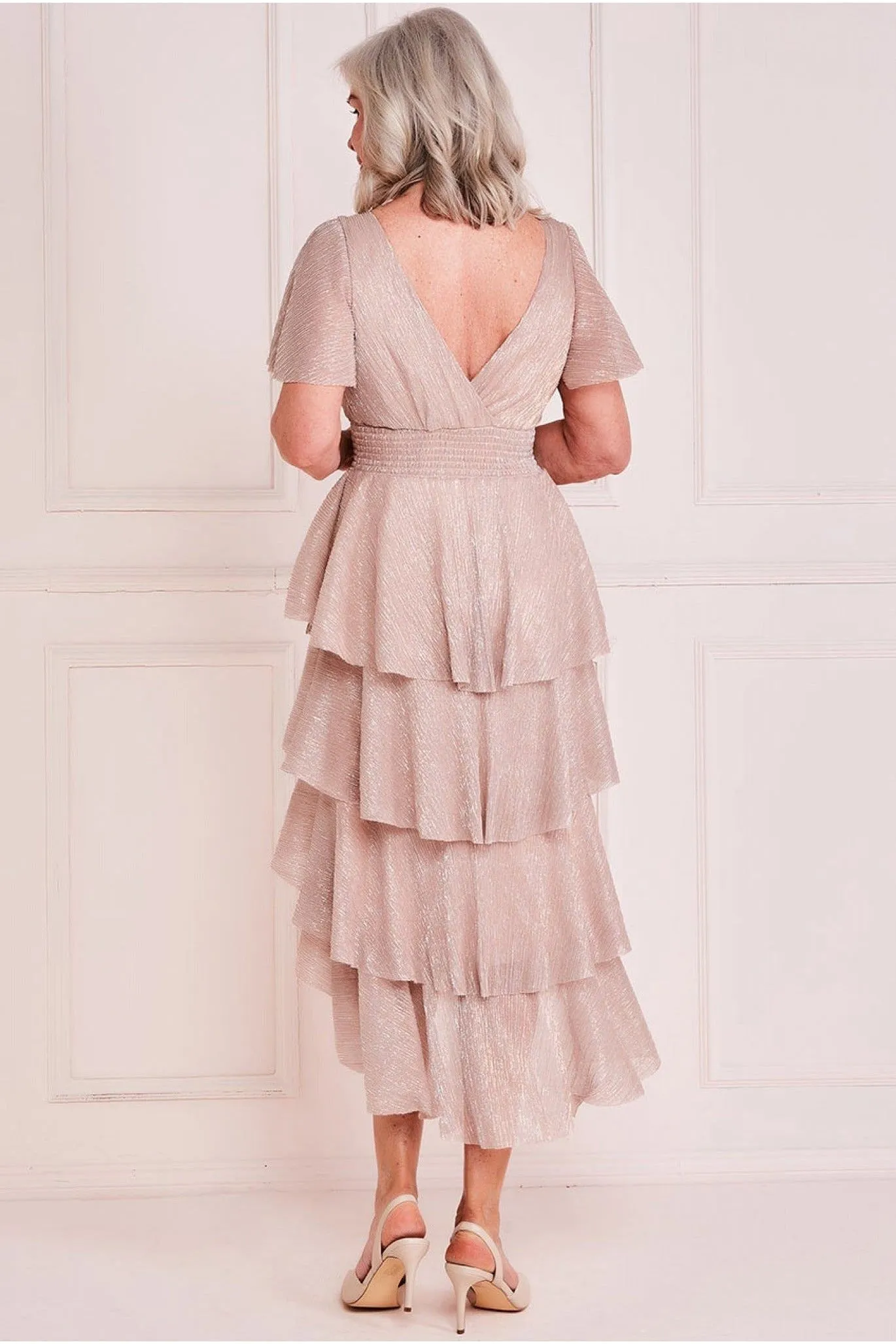 Goddiva Lurex High Low Tiered Midi - Blush