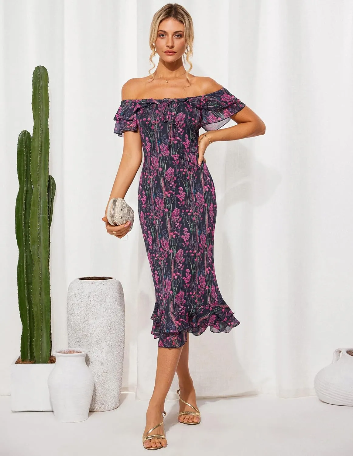 GRACE KARIN Women's Summer Floral Midi Dress Wedding Guest Party Dress Mermaid Bodycon Mesh Ruffle Dress