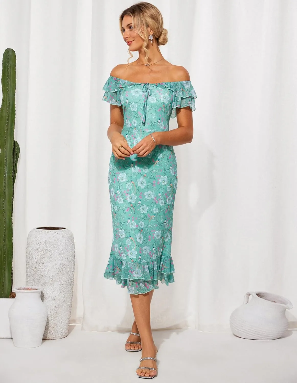 GRACE KARIN Women's Summer Floral Midi Dress Wedding Guest Party Dress Mermaid Bodycon Mesh Ruffle Dress