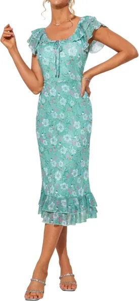 GRACE KARIN Women's Summer Floral Midi Dress Wedding Guest Party Dress Mermaid Bodycon Mesh Ruffle Dress