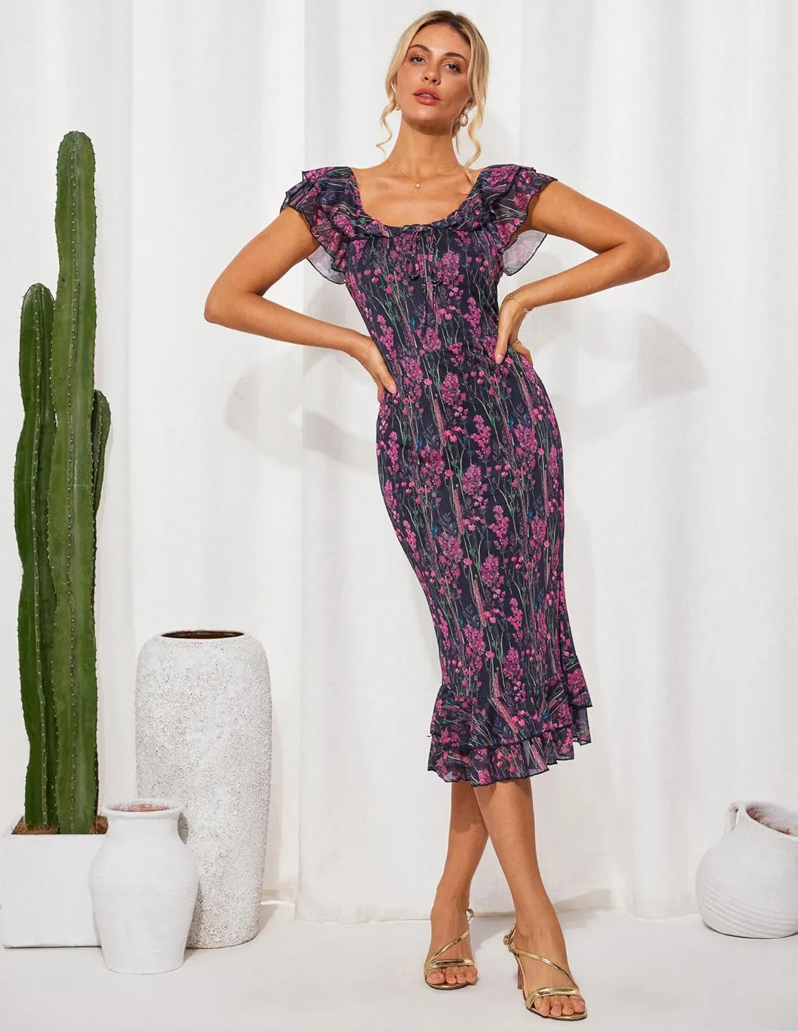 GRACE KARIN Women's Summer Floral Midi Dress Wedding Guest Party Dress Mermaid Bodycon Mesh Ruffle Dress