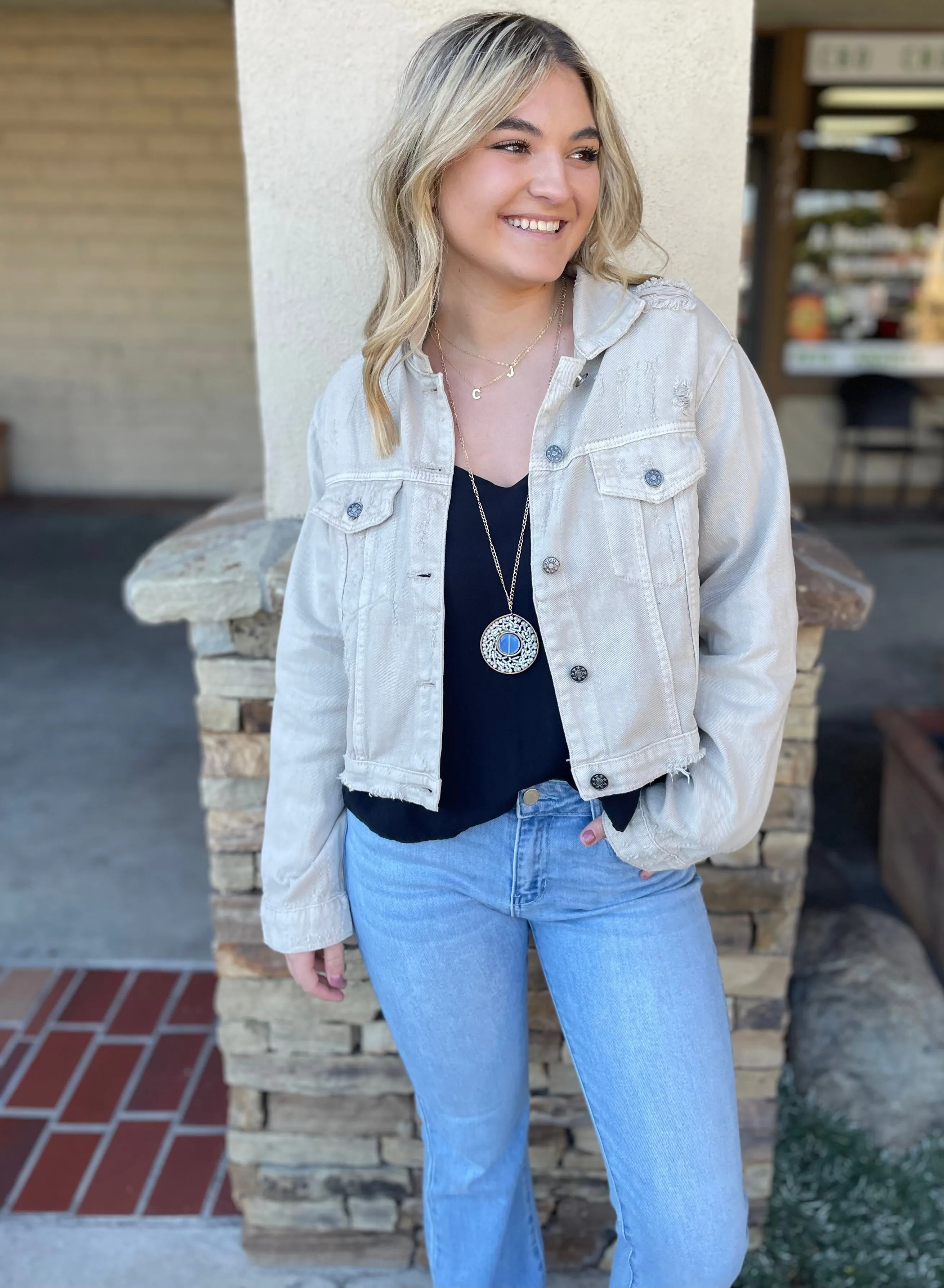 Josie Washed Taupe Soft Distressed Denim Jacket