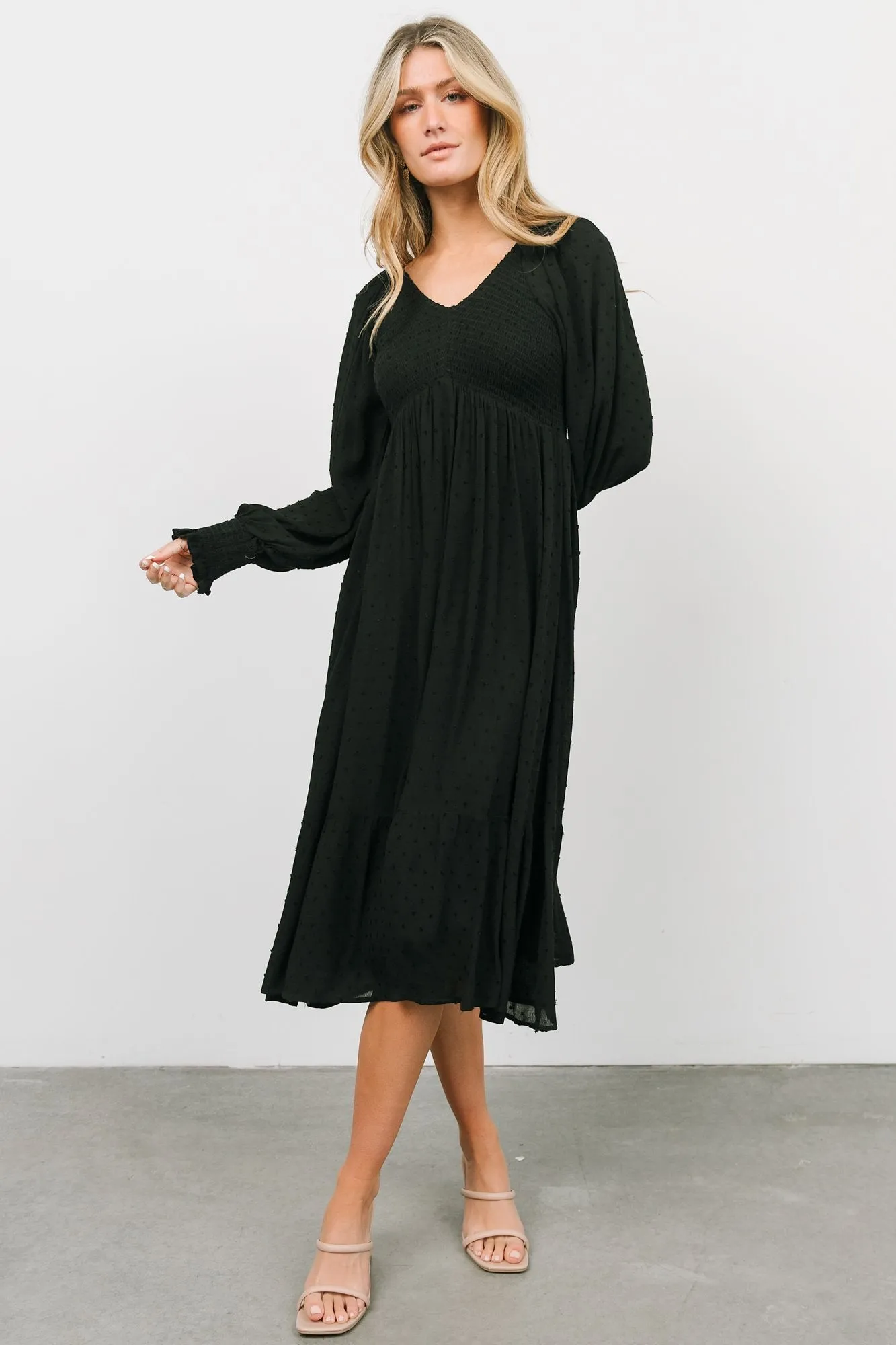 Lainey Smocked Dotted Midi Dress | Black