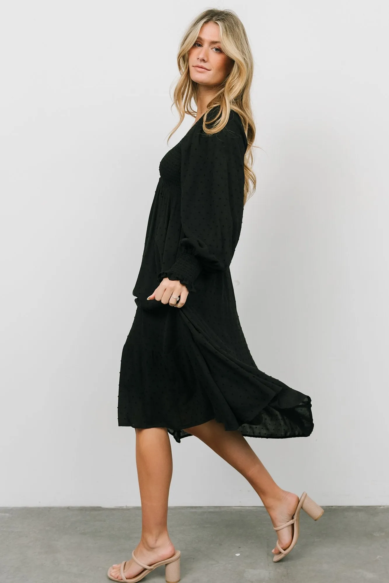 Lainey Smocked Dotted Midi Dress | Black