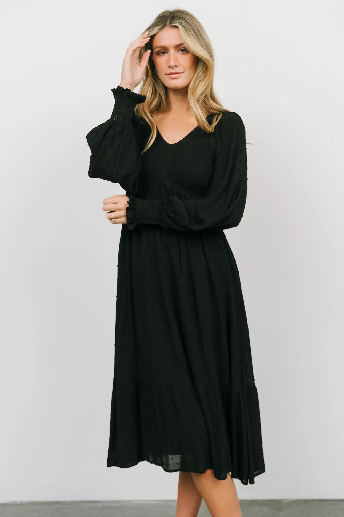 Lainey Smocked Dotted Midi Dress | Black