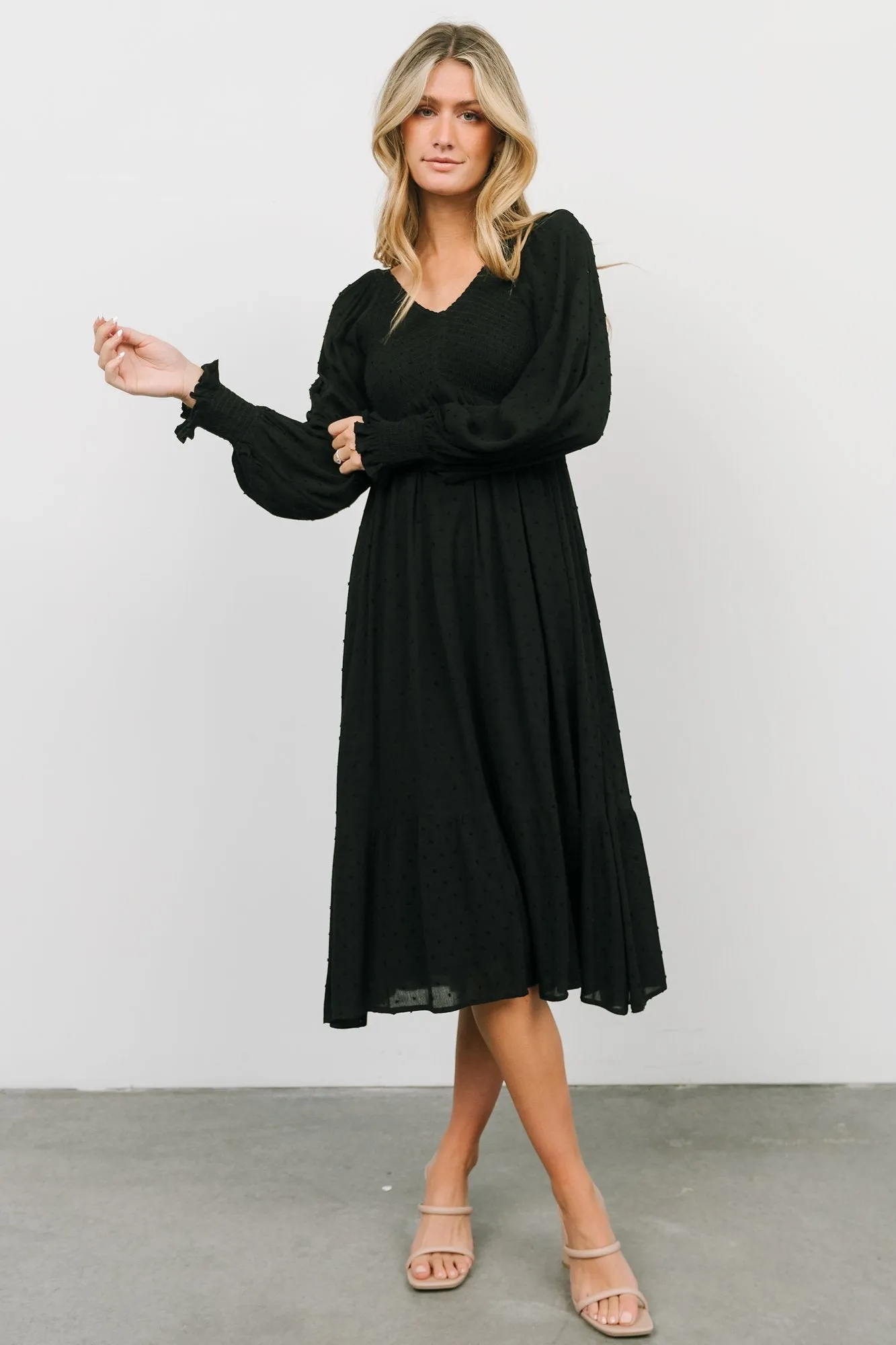 Lainey Smocked Dotted Midi Dress | Black