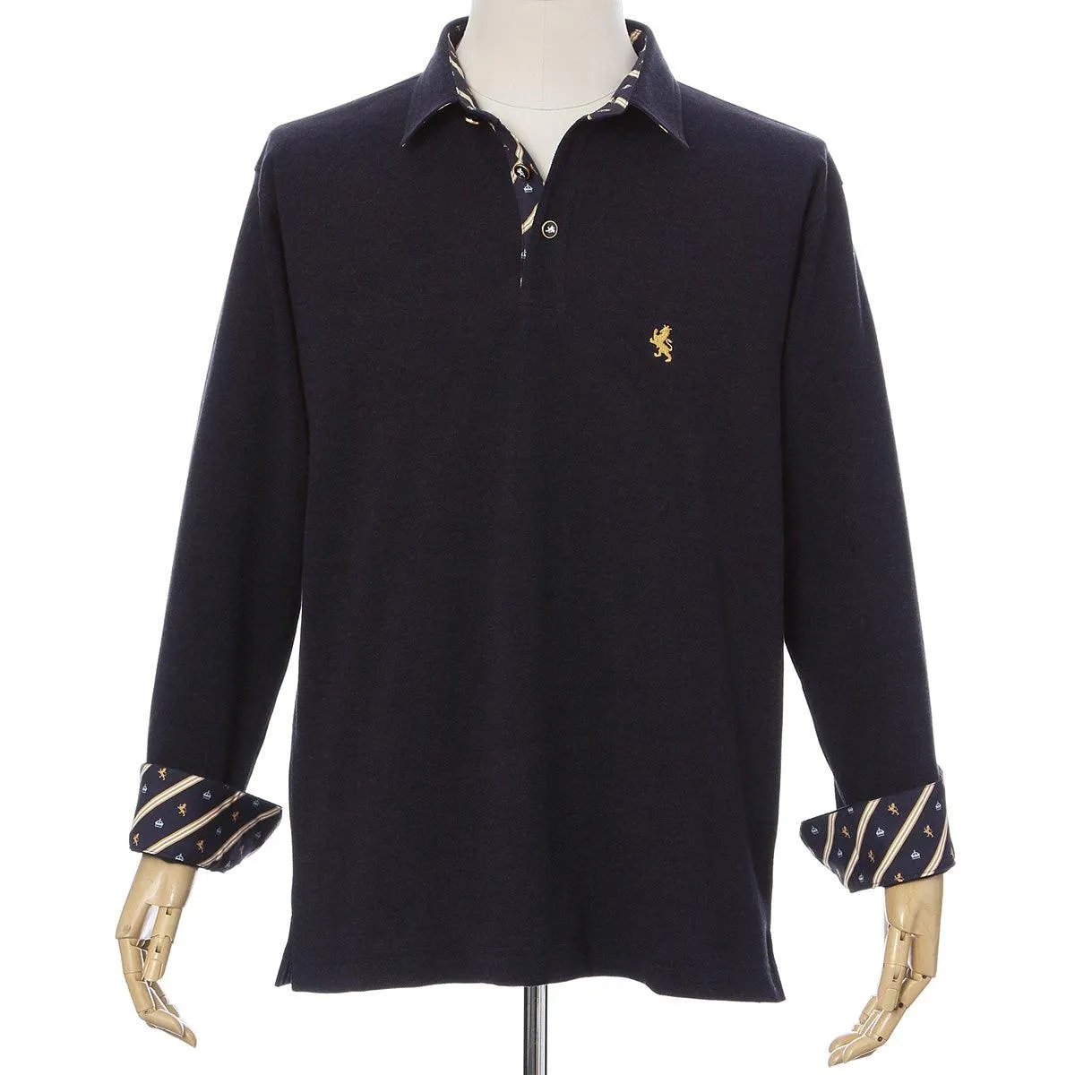 Men’s Long Sleeve Sports Fashion Polo Shirt -08. King Lion & Crown Design Made in Japan