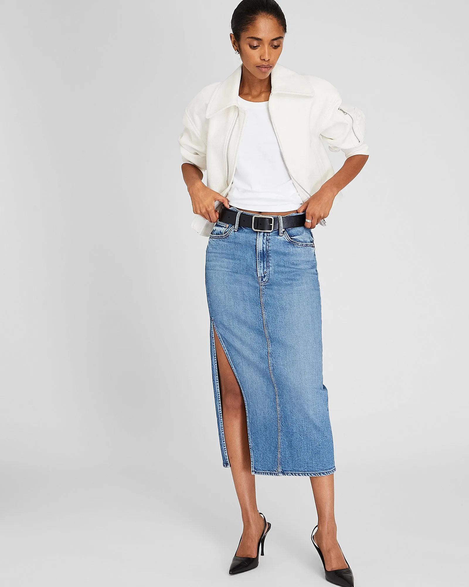 MOTHER The Split Second Denim Midi Skirt