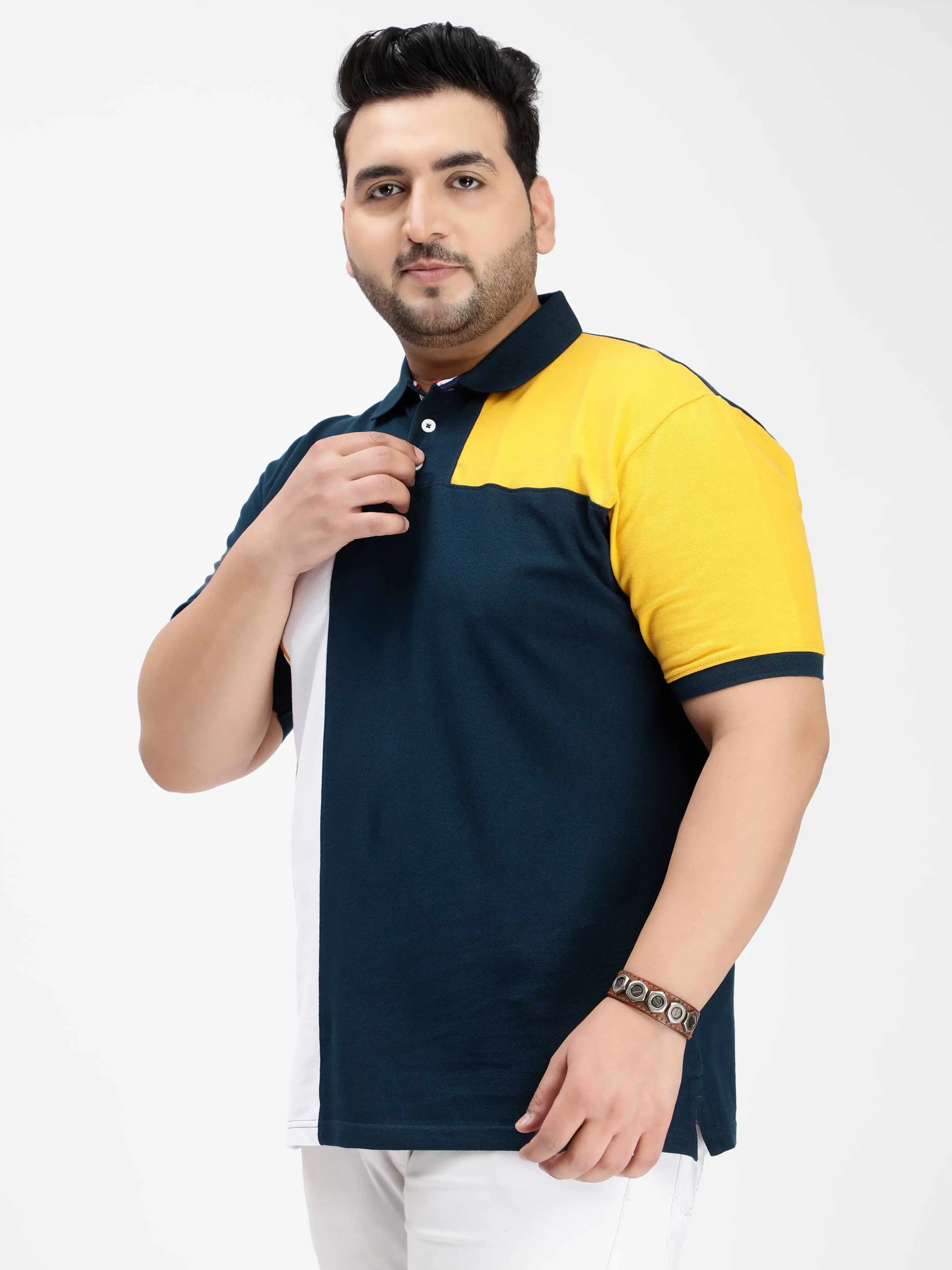 Mustard Yellow Color Block Plus Size Polo T-shirt