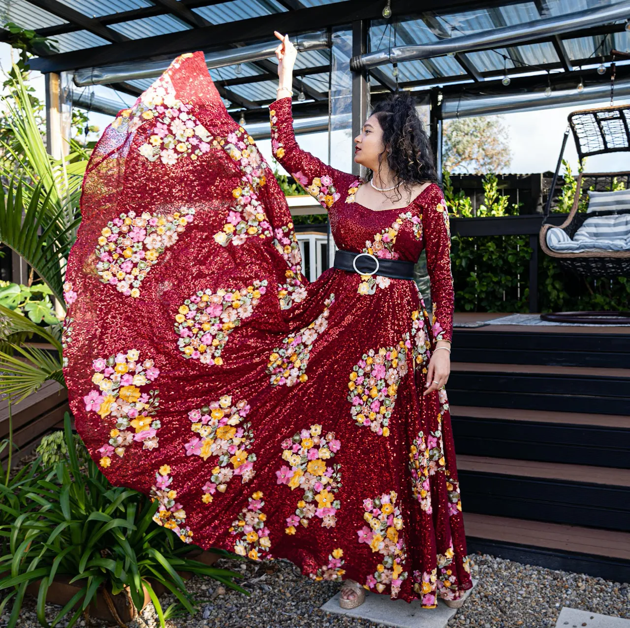 Naz Maroon Phool Aur  Sitara Gown