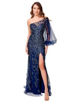 Nina Canacci 9159 Size 4 Navy Beaded Evening Gown One Shoulder Long Sleeve Formal Gown Slit