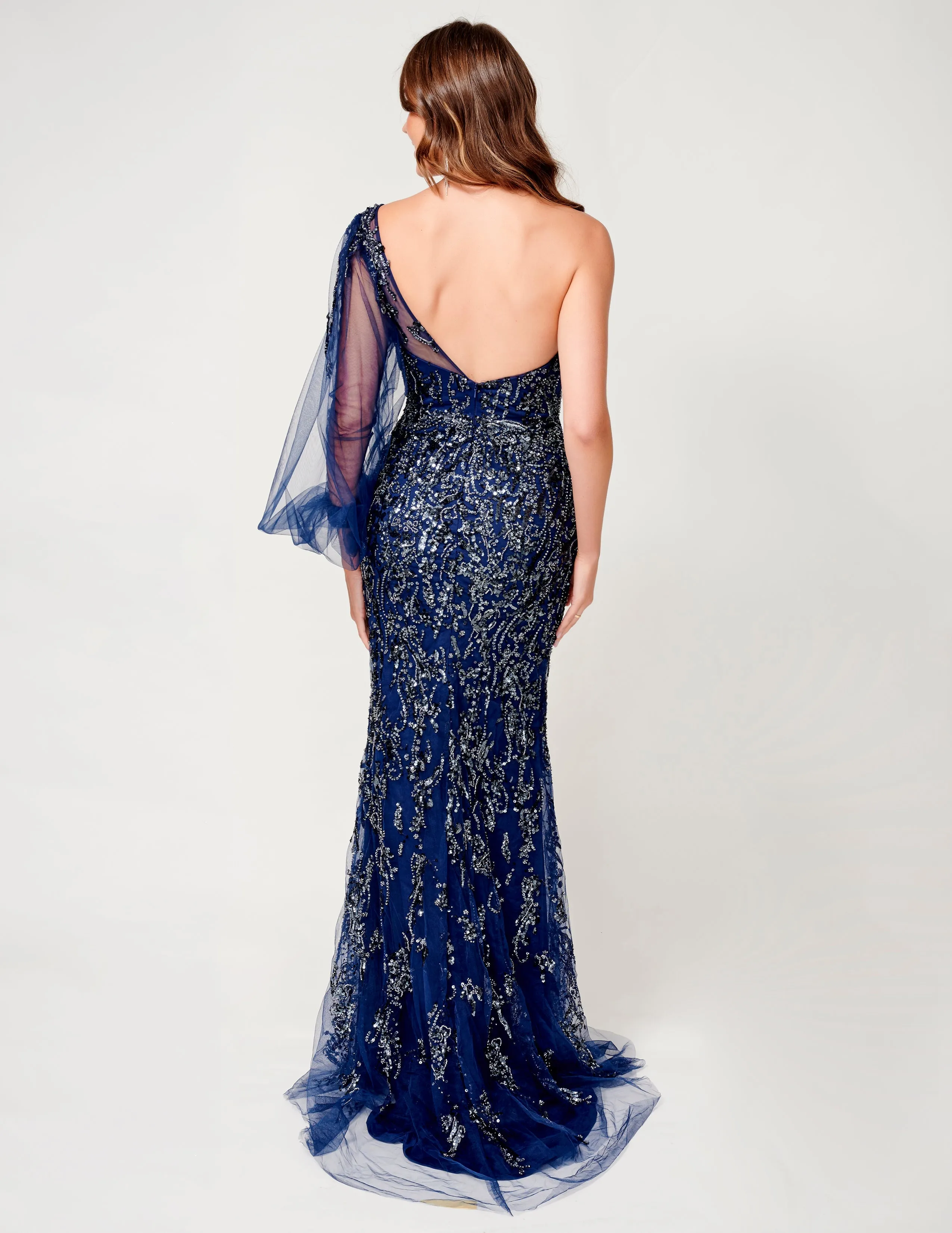 Nina Canacci 9159 Size 4 Navy Beaded Evening Gown One Shoulder Long Sleeve Formal Gown Slit