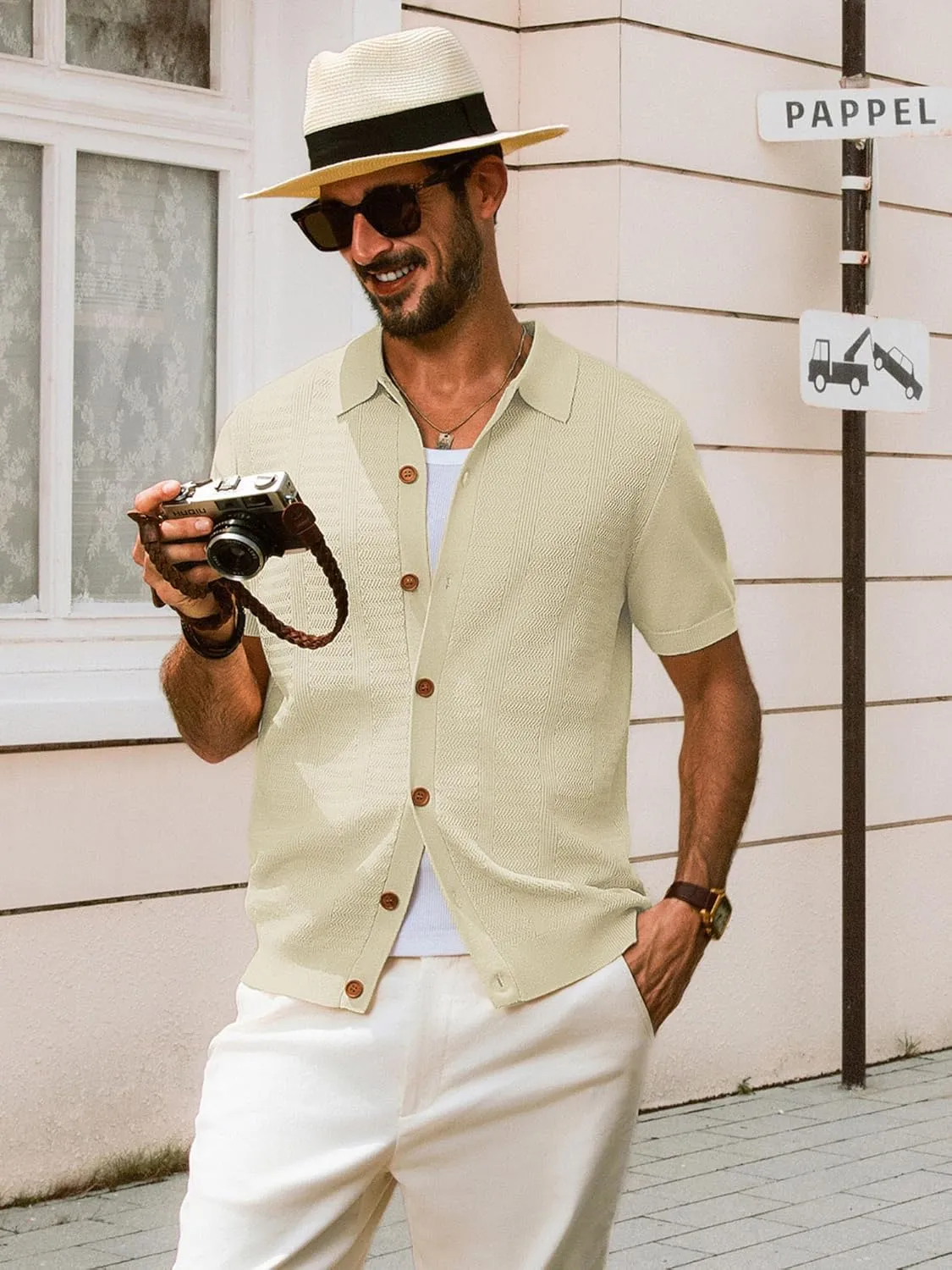 PJ PAUL JONES Mens Polo Shirt Short Sleeve Casual Knit Textured Button Down Polo Shirts with Pocket