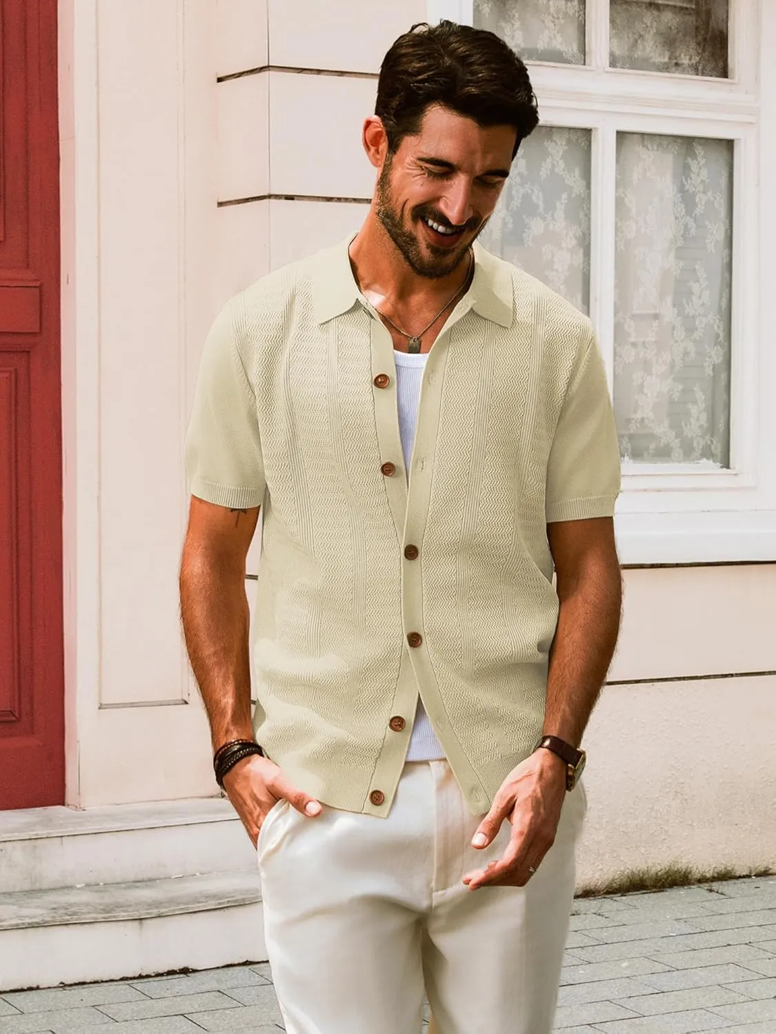 PJ PAUL JONES Mens Polo Shirt Short Sleeve Casual Knit Textured Button Down Polo Shirts with Pocket