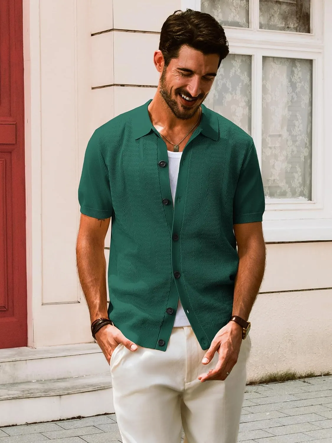 PJ PAUL JONES Mens Polo Shirt Short Sleeve Casual Knit Textured Button Down Polo Shirts with Pocket