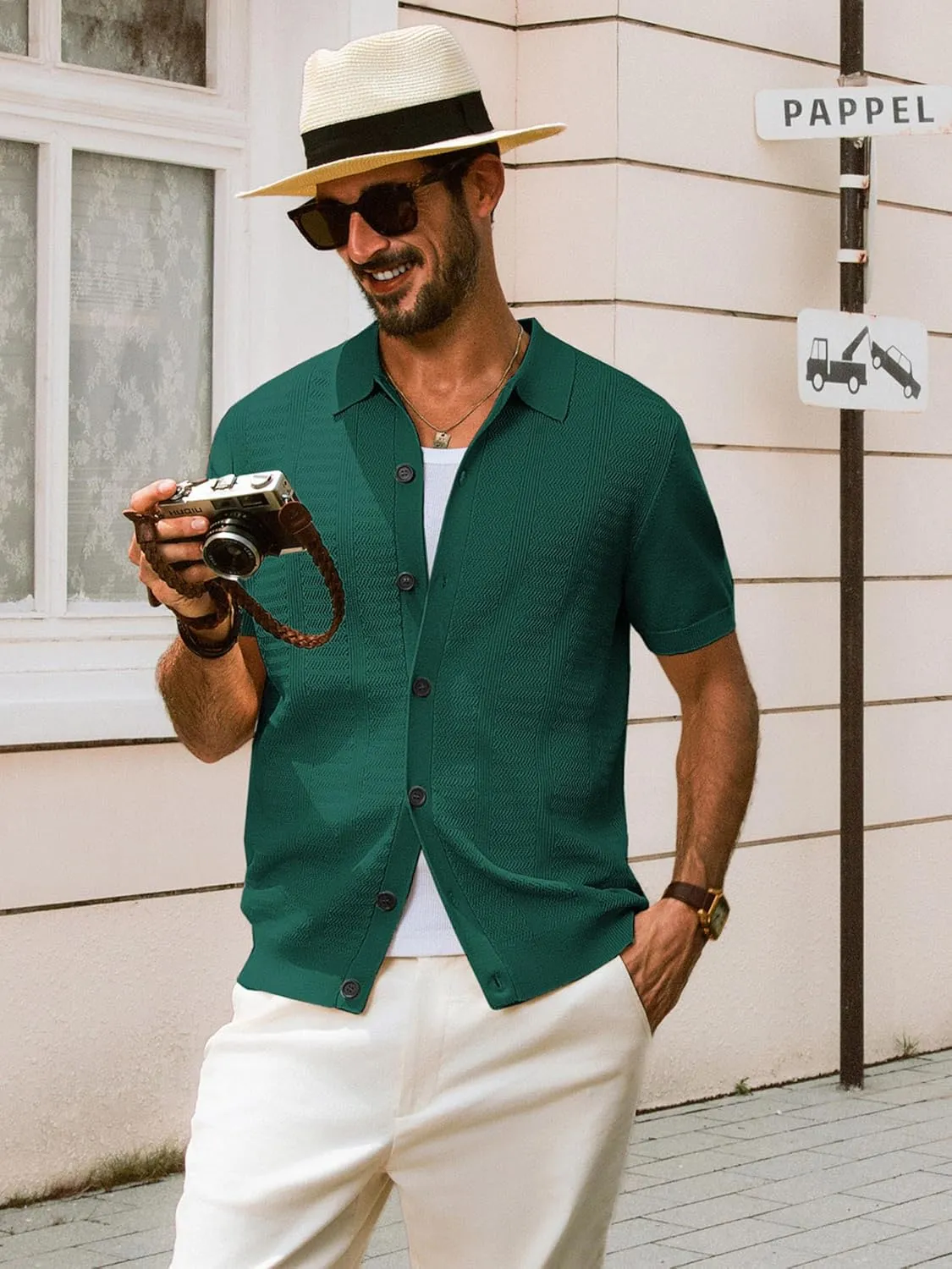 PJ PAUL JONES Mens Polo Shirt Short Sleeve Casual Knit Textured Button Down Polo Shirts with Pocket