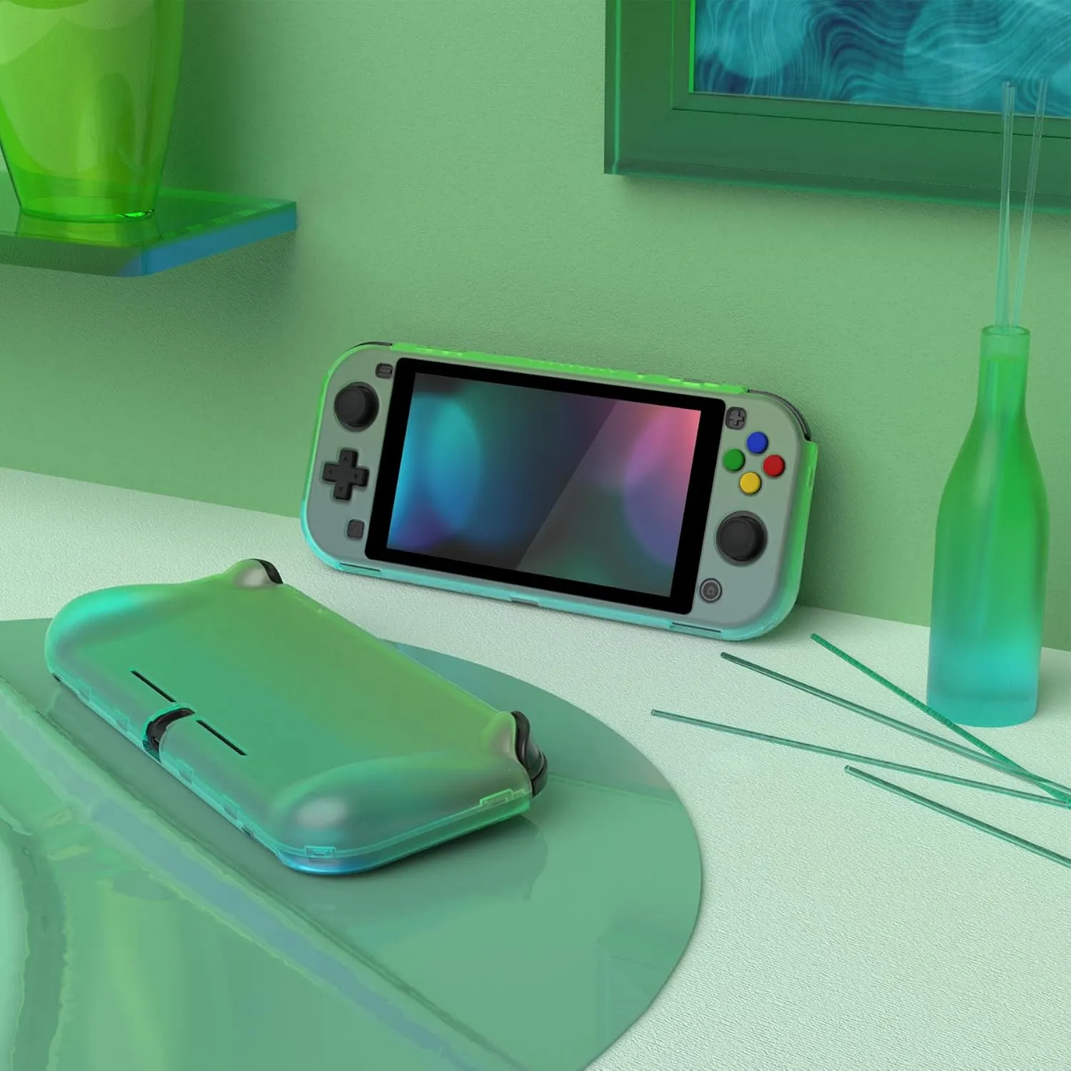 PlayVital ZealProtect Protective Case for Nintendo Switch Lite, Ergomomic Grip Hard Cover - Durable Shock-absorbent with Screen Protector & Thumb Grip Button Caps, Gradient Translucent Green Blue
