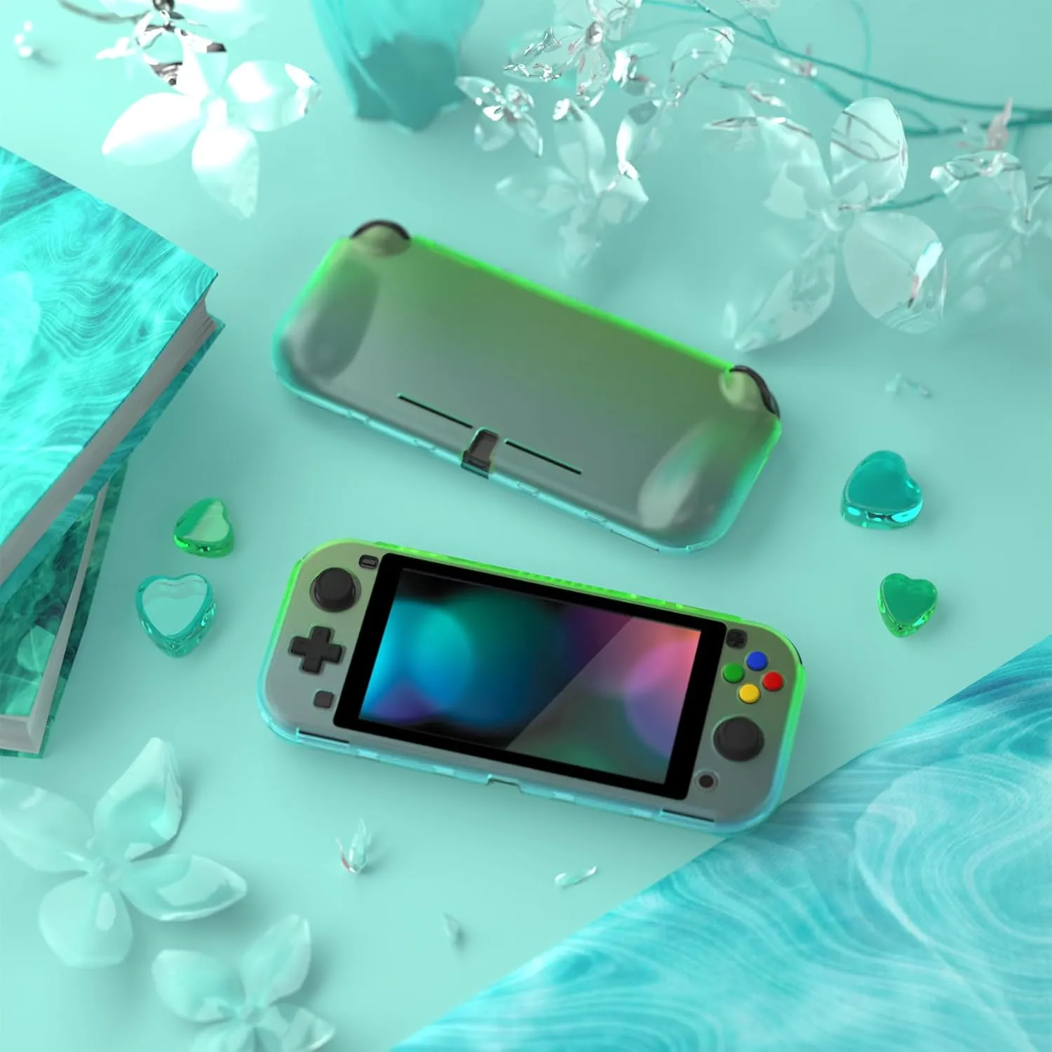 PlayVital ZealProtect Protective Case for Nintendo Switch Lite, Ergomomic Grip Hard Cover - Durable Shock-absorbent with Screen Protector & Thumb Grip Button Caps, Gradient Translucent Green Blue
